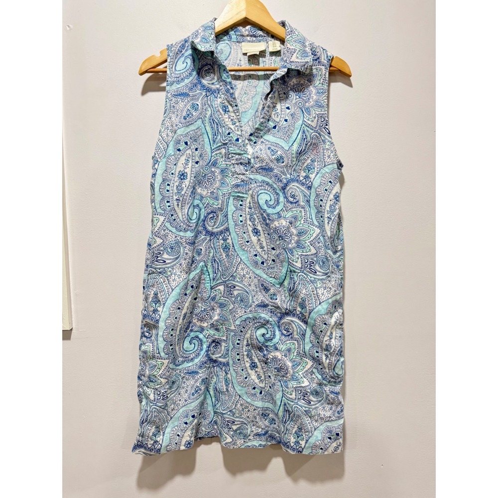 Cynthia Rowley Blue Paisley 100% Linen Sleeveless Shift Dress Women Size 8
